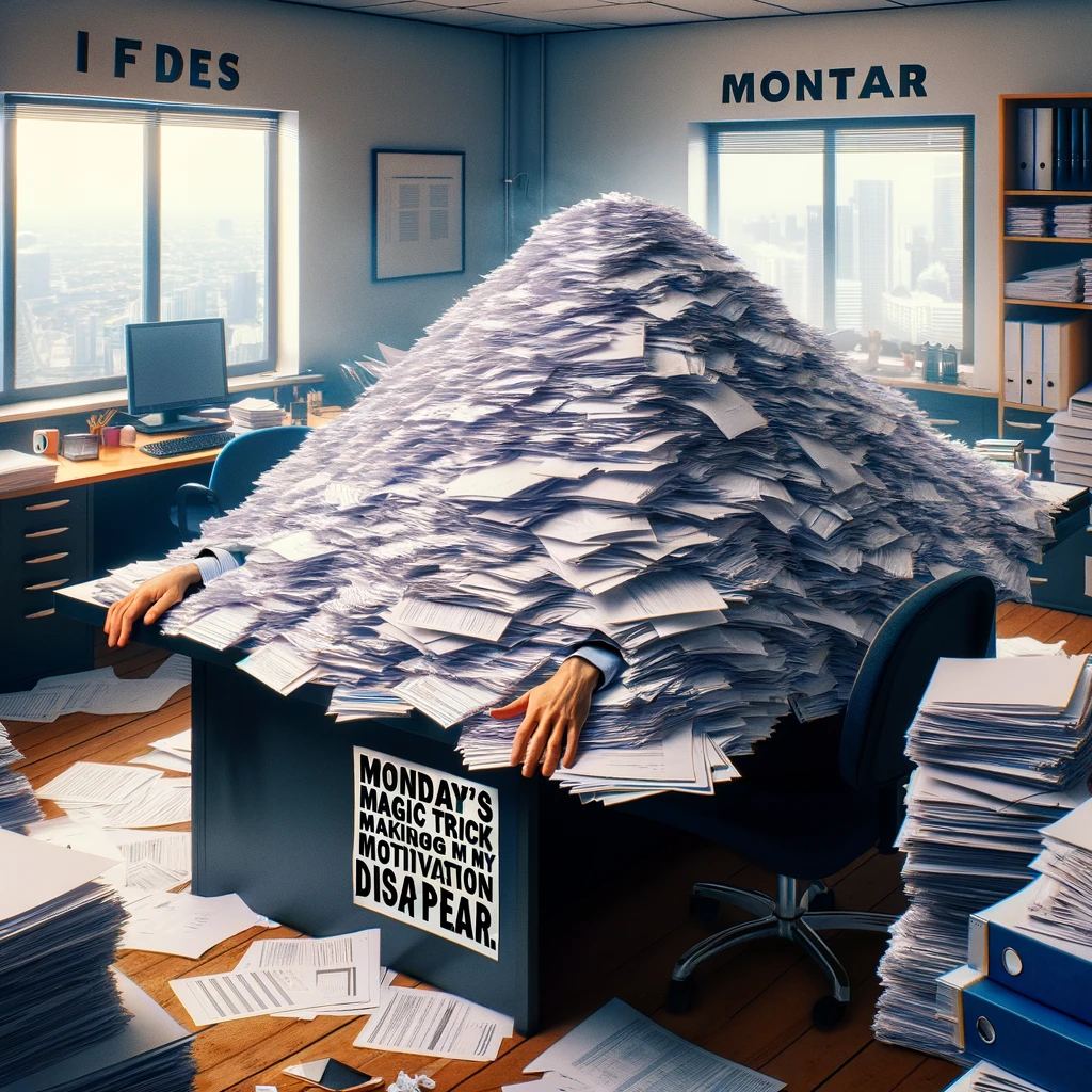 An office scene showing a person almost completely buried under a massive pile of paperwork, only their hands and the top of their head visible. The environment is a typical office with a desk, computer, and office supplies. The image should convey a sense of being overwhelmed and humorous. Include a caption in bold, readable text: "Monday's magic trick - making my motivation disappear."