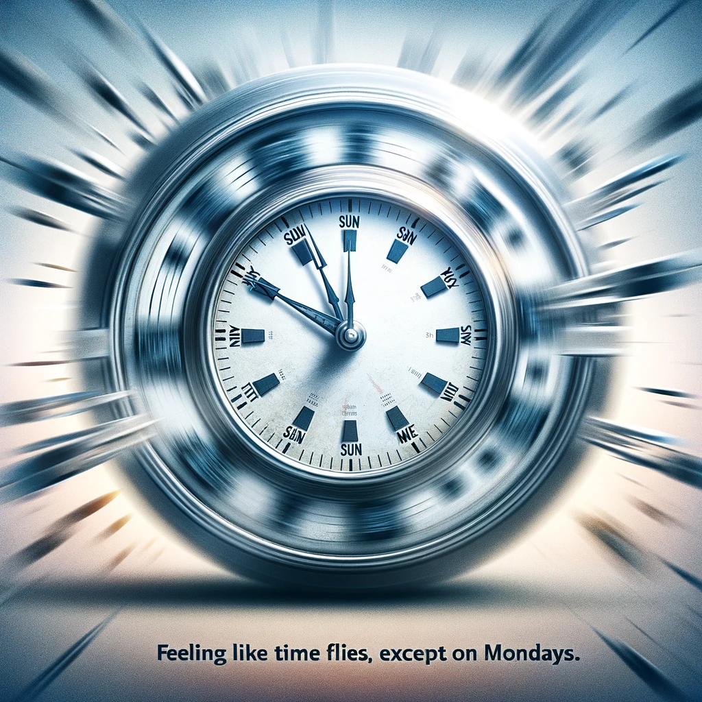 An image of a clock with the hands spinning rapidly, visually blurred to depict motion. The clock is uniquely designed to be stuck between Sunday and Monday, showing both days on its face. The background should be abstract, representing the concept of time. Include a caption in bold, readable text: "Feeling like time flies, except on Mondays."