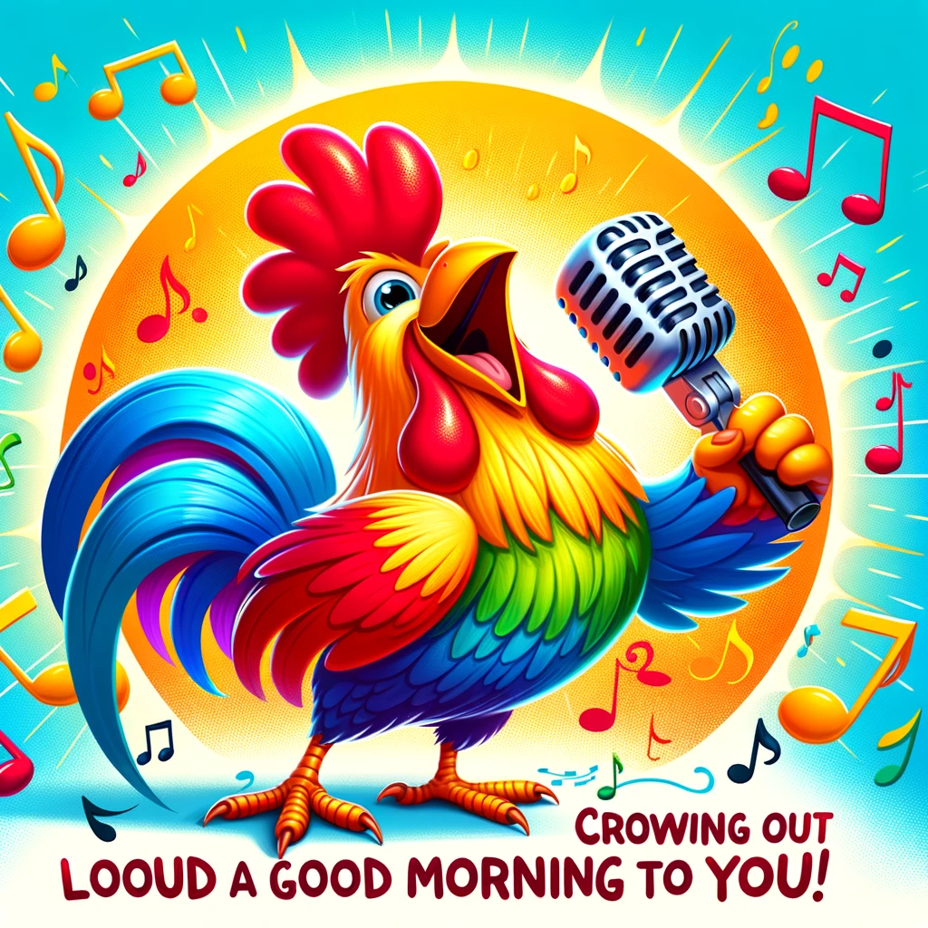 A colorful cartoon rooster, holding a microphone, singing loudly on a sunny morning with musical notes surrounding it. The scene is vibrant and joyful, capturing the essence of a cheerful morning. The caption at the bottom says, "Crowing out a loud good morning to you!"