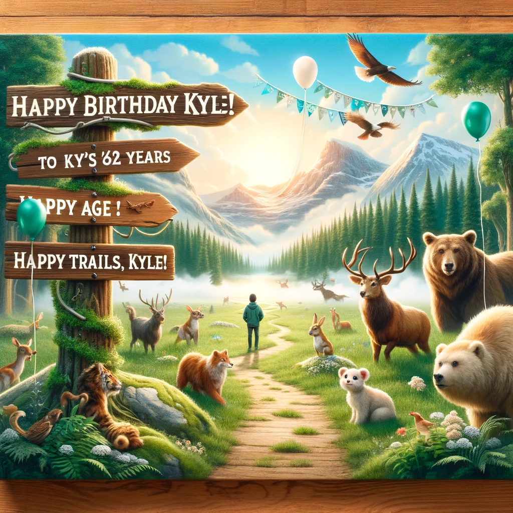 A serene image of Kyle in a picturesque landscape, perhaps a forest or mountain range, with wildlife holding banners and balloons. A signpost has directions like "To [Kyle's age] Years" and "Happy Trails, Kyle!" The scene embodies the theme of 'Nature Lover Kyle', showcasing a tranquil and beautiful natural setting with animals participating in the celebration, and signposts creatively incorporating Kyle's age and birthday wishes.