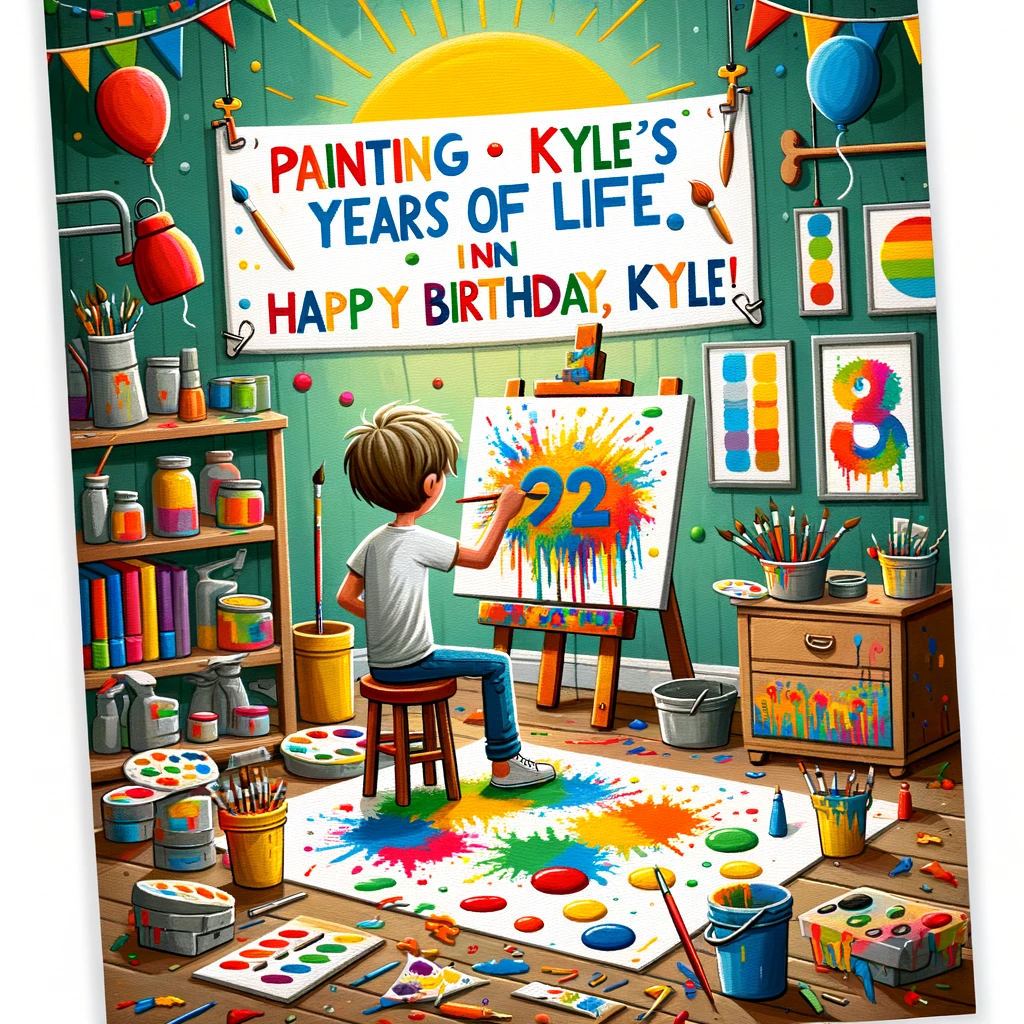 A colorful and creative scene where Kyle is painting a canvas. The painting is a fun, abstract representation of his age. Around him, the studio is filled with art supplies, and a banner says, "Painting [Kyle's age] years of life in bright colors. Happy Birthday, Kyle!" This image reflects the 'Artistic Kyle' theme, showing Kyle deeply engaged in his art, surrounded by a vibrant and inspirational environment that celebrates his love for art and his birthday.
