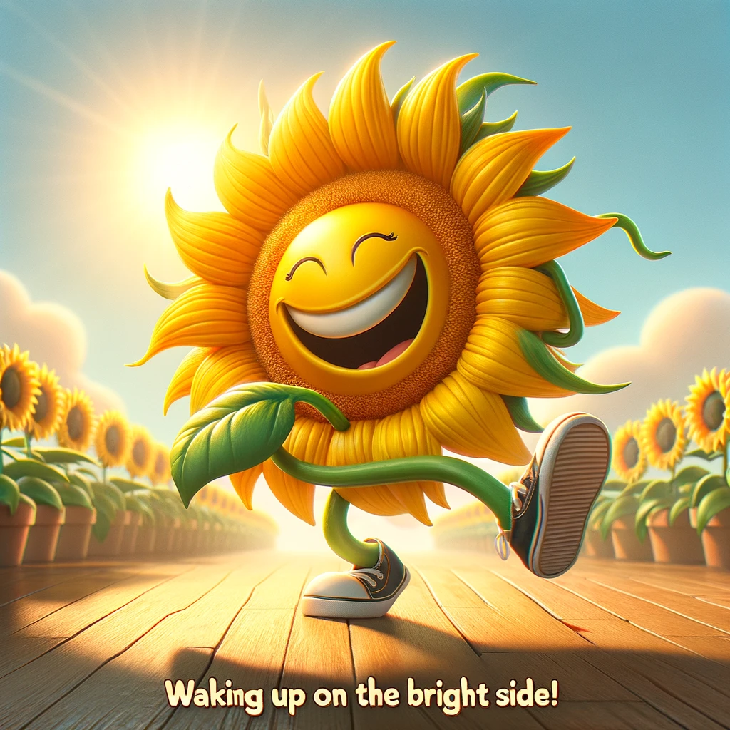 A bright sunflower with a big smile, dancing in the morning sun. The scene is joyful and vibrant, capturing the essence of a cheerful start to the day. The sunflower's animated movement adds a sense of liveliness. The caption at the bottom reads, "Waking up on the bright side!"
