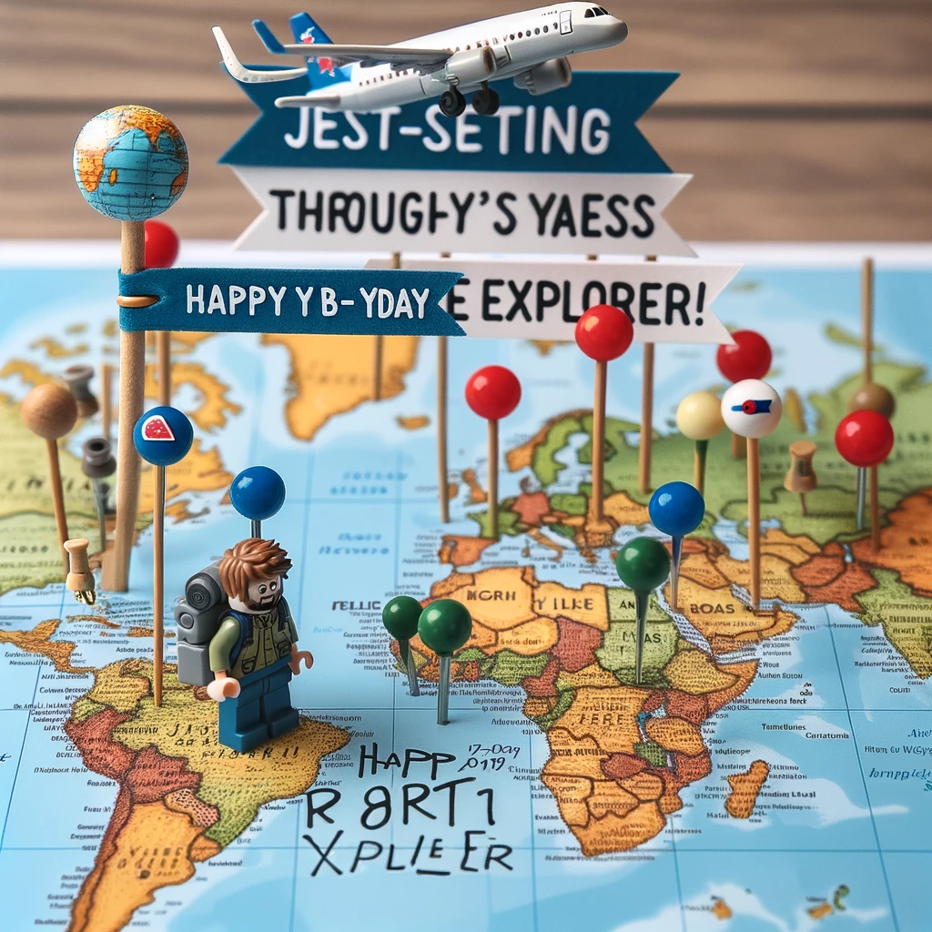 A world map with pins in various locations. Kyle is illustrated as a mini-figure with a backpack, standing next to a pin marked with his current age. A plane flies overhead with a banner, "Jet-setting through [Kyle's age] years. Happy B-Day, Explorer!" This image captures the 'Traveler Kyle' theme, showcasing his adventurous spirit and love for travel, with a creatively designed map highlighting his journeys and celebrating his birthday in a unique way.