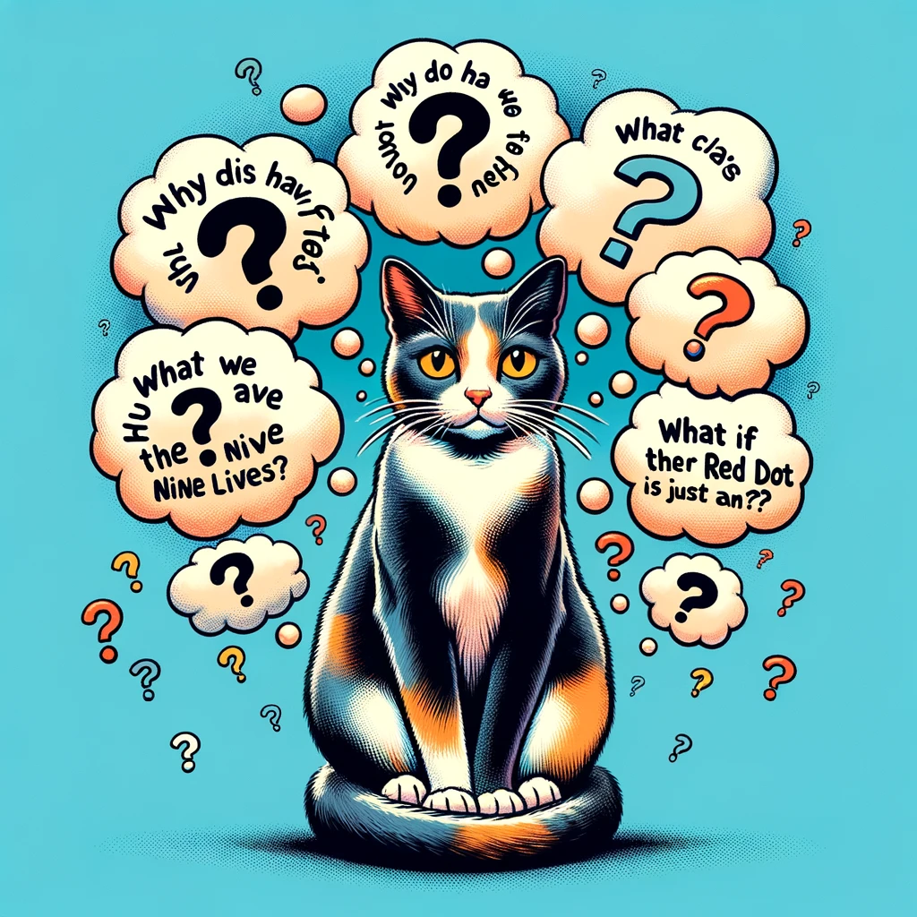 Philosophical Cat: A cat sitting in a classic "The Thinker" pose, surrounded by floating question marks and thought bubbles containing deep, existential questions like "Why do we have nine lives?" or "What if the red dot is just an illusion?"
