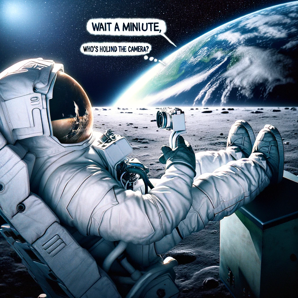 Astronaut Lost in Thought: An astronaut floating in space, looking at Earth with a puzzled expression. The caption reads, "Wait a minute, who's holding the camera?"