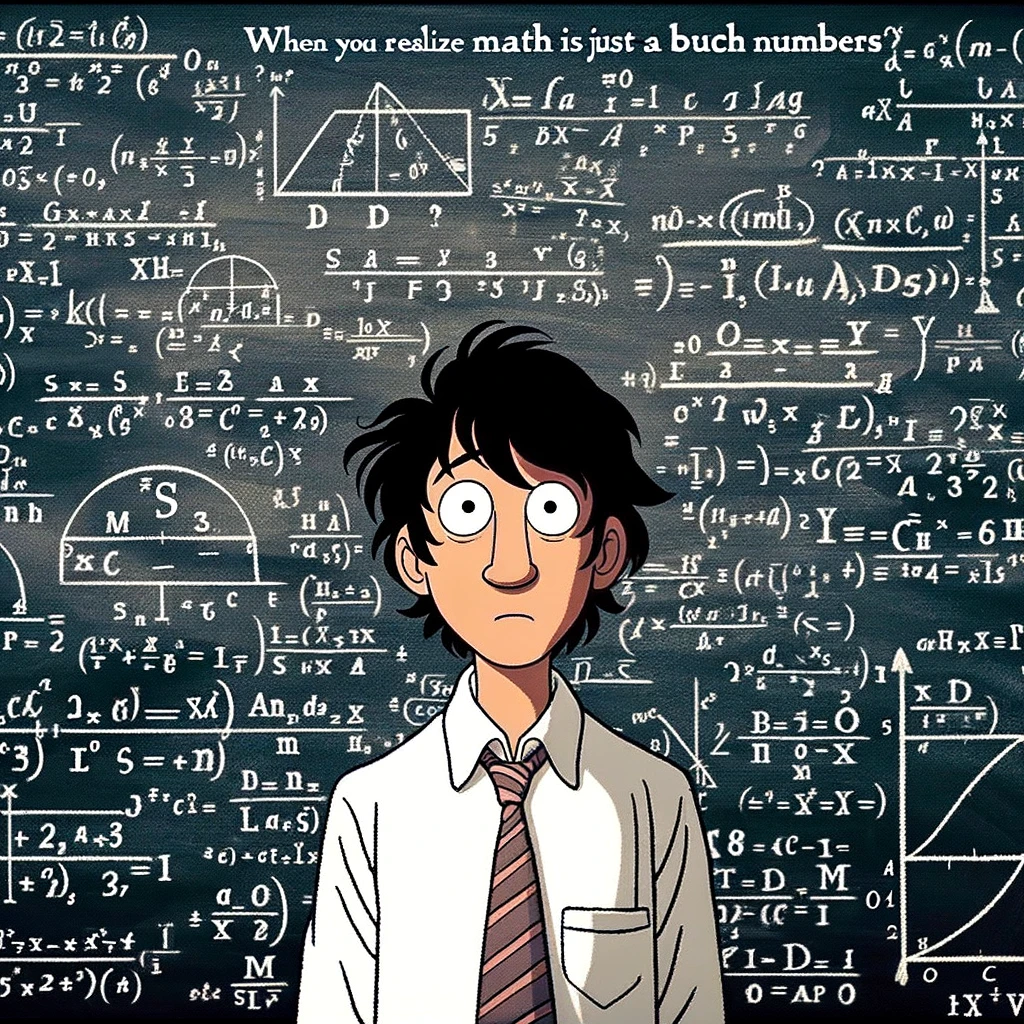Confused Mathematician: A person standing in front of a blackboard filled with complex mathematical equations. They have a perplexed look on their face, and the caption says, "When you realize math is just a bunch of numbers."
