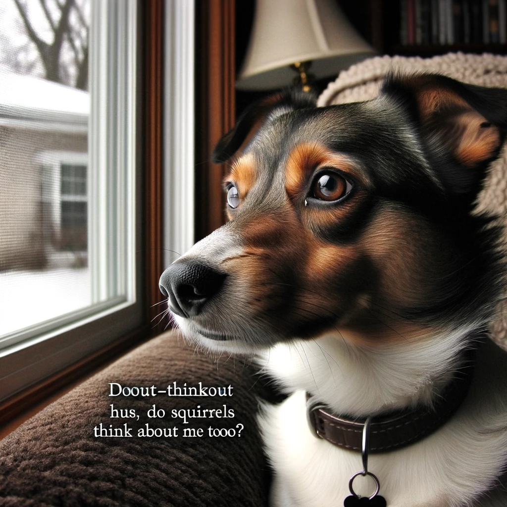 Deep-Thinking Dog: A dog staring out a window with a reflective look. The caption is, "Do squirrels think about me too?"