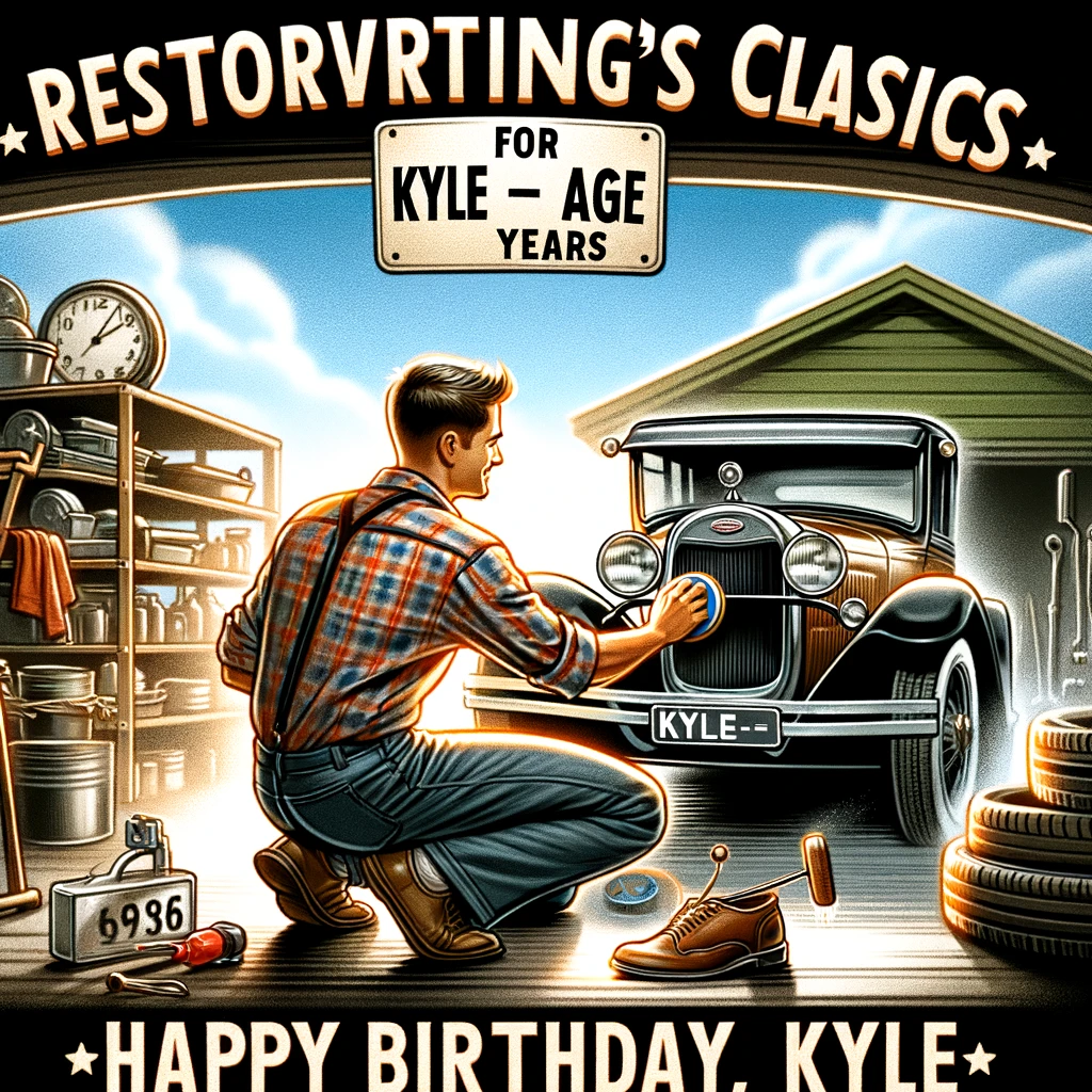 An image of Kyle polishing a vintage car, with the license plate reading "KYLE-[Age]". In the background, a garage sign says, "Restoring classics for [Kyle's age] years. Happy Birthday, Kyle!" This illustration embodies the 'Classic Car Enthusiast Kyle' theme, portraying Kyle's passion for vintage cars. The scene is set in a garage, highlighting the beauty of the classic car and celebrating Kyle's birthday in a way that resonates with his interests.