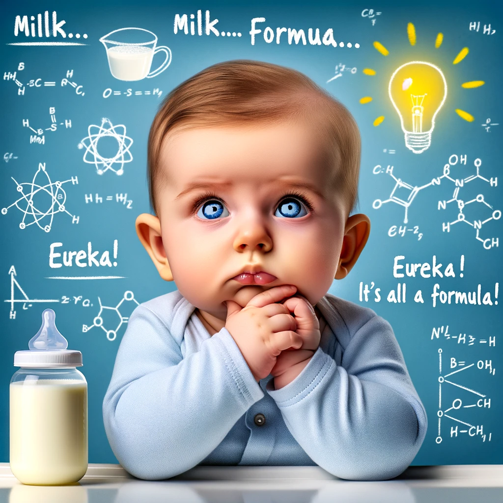 Baby Genius: A baby with a thoughtful expression, surrounded by scientific formulas and the caption, "Milk... formula... Eureka! It's all a formula!"