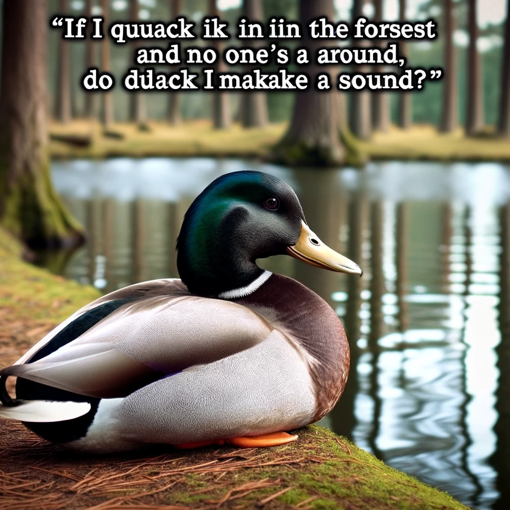 Philosopher Duck: A duck sitting by a pond, looking reflective. The caption reads, "If I quack in the forest and no one is around, do I make a sound?"