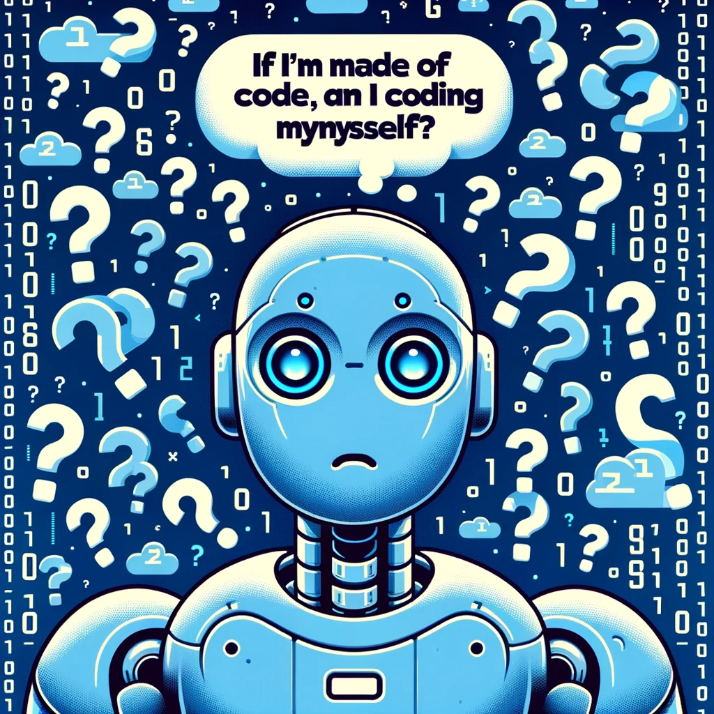 AI Overthinking: A robot with a confused face surrounded by question marks and binary code. The caption reads, "If I'm made of code, am I coding myself?"
