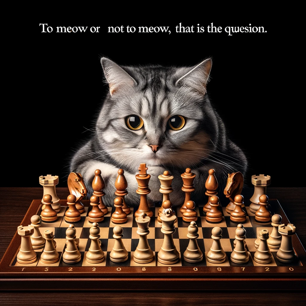 Chess Cat: A cat staring intently at a chessboard, with pieces arranged in a complex position. The caption says, "To meow or not to meow, that is the question."