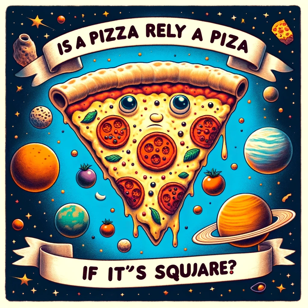 Philosophical Pizza: A slice of pizza with a thoughtful expression, surrounded by toppings floating like planets. Caption reads: "Is a pizza really a pizza if it's square?"