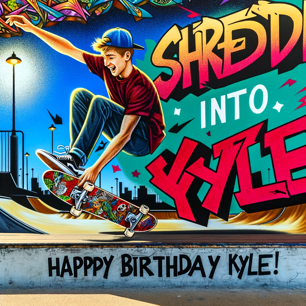 An illustration of Kyle performing a trick on a skateboard, with the skateboard deck creatively designed to show his age. The skate park has graffiti art that reads, "Shredding into [Kyle's age] years. Happy Birthday, Kyle!" The 'Skater Kyle' theme is captured in this dynamic scene, emphasizing Kyle's skill and enthusiasm for skateboarding. The setting is an urban skate park, vibrantly decorated to reflect Kyle's lifestyle and celebrate his special day in a style that suits his passion.