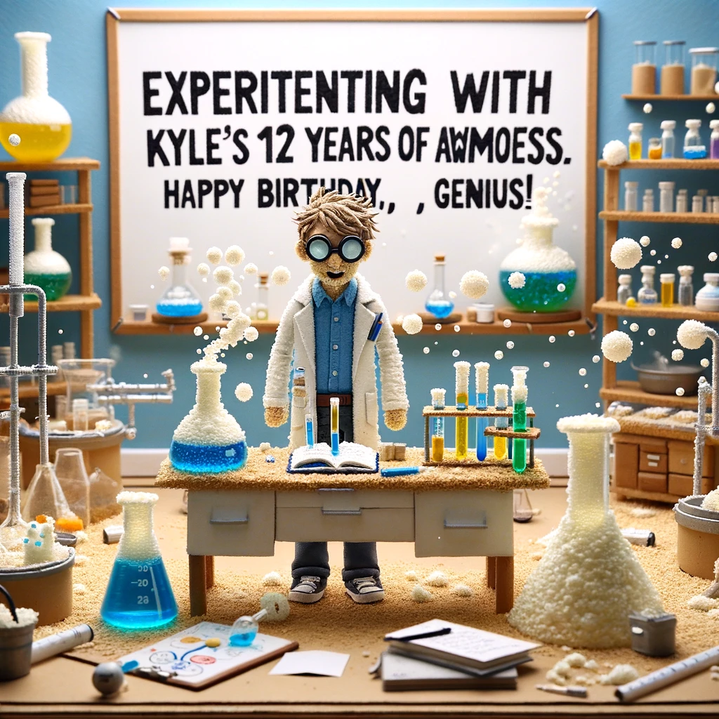 A scene set in a science lab where Kyle is depicted as a scientist, surrounded by bubbling test tubes and experiments. One of the experiments forms the number of his age. The lab's whiteboard says, "Experimenting with [Kyle's age] years of awesomeness. Happy Birthday, Genius!" This captures the 'Science Whiz Kyle' theme, illustrating Kyle's curiosity and intelligence in a laboratory setting. The lab is filled with scientific equipment and experiments, showcasing Kyle's love for science and celebrating his birthday in a unique and intellectual manner.