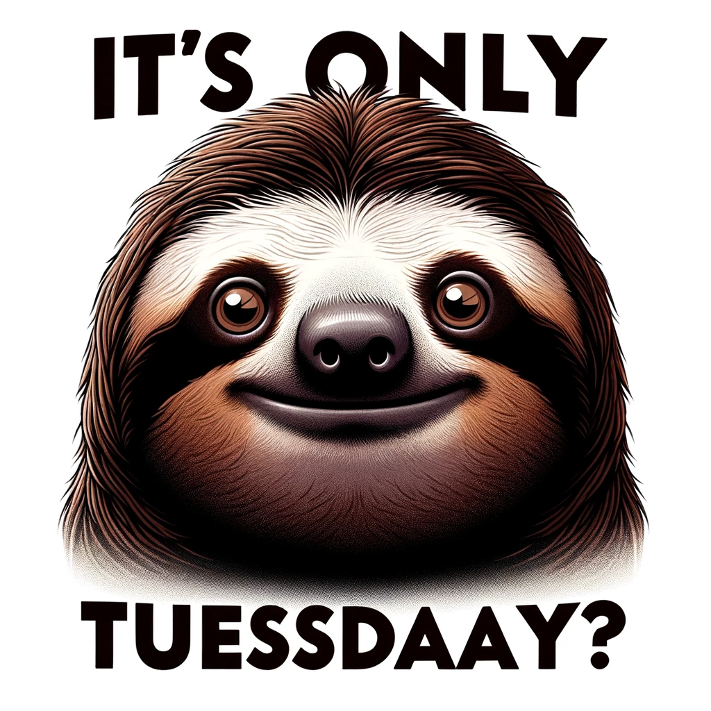 A sloth looking surprised and slightly dismayed. The sloth should have a facial expression of surprise and a bit of distress. Above the sloth, there should be a large, bold caption that reads, "It's Only Tuesday?" The background should be simple and not distract from the sloth and the caption. The overall image should convey a sense of disbelief and mild frustration, typical of realizing it's only the second day of the week.