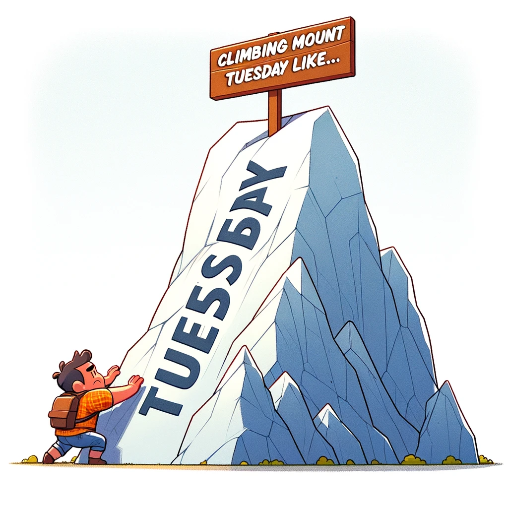 A cartoon character struggling to climb a mountain shaped like the word "Tuesday." The mountain should be large and imposing, with the character near the bottom, emphasizing the struggle. The character should look determined yet challenged. The caption should read, "Climbing Mount Tuesday like..." placed at the bottom or top of the image. The overall image should depict the metaphorical challenge of getting through a Tuesday, with a humorous and light-hearted tone.