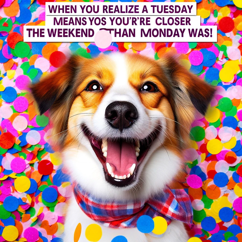 A cheerful dog with a big smile, surrounded by confetti. The dog should look extremely happy and optimistic. The background should be colorful with confetti to emphasize celebration. The caption should read: "When you realize Tuesday means you're closer to the weekend than Monday was!" placed at the top or bottom of the image. The overall image should convey a sense of optimism and joy, highlighting the positive aspect of a Tuesday as being closer to the weekend.