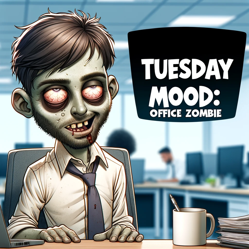A cartoon or exaggerated image of an office worker looking like a zombie. The character should have a comical zombie-like appearance, emphasizing tiredness and the mundane routine. The background should be an office setting to highlight the work environment. The caption should read: "Tuesday mood: Office Zombie." The overall image should convey a humorous take on the exhaustion and monotony often felt on Tuesdays in an office setting.