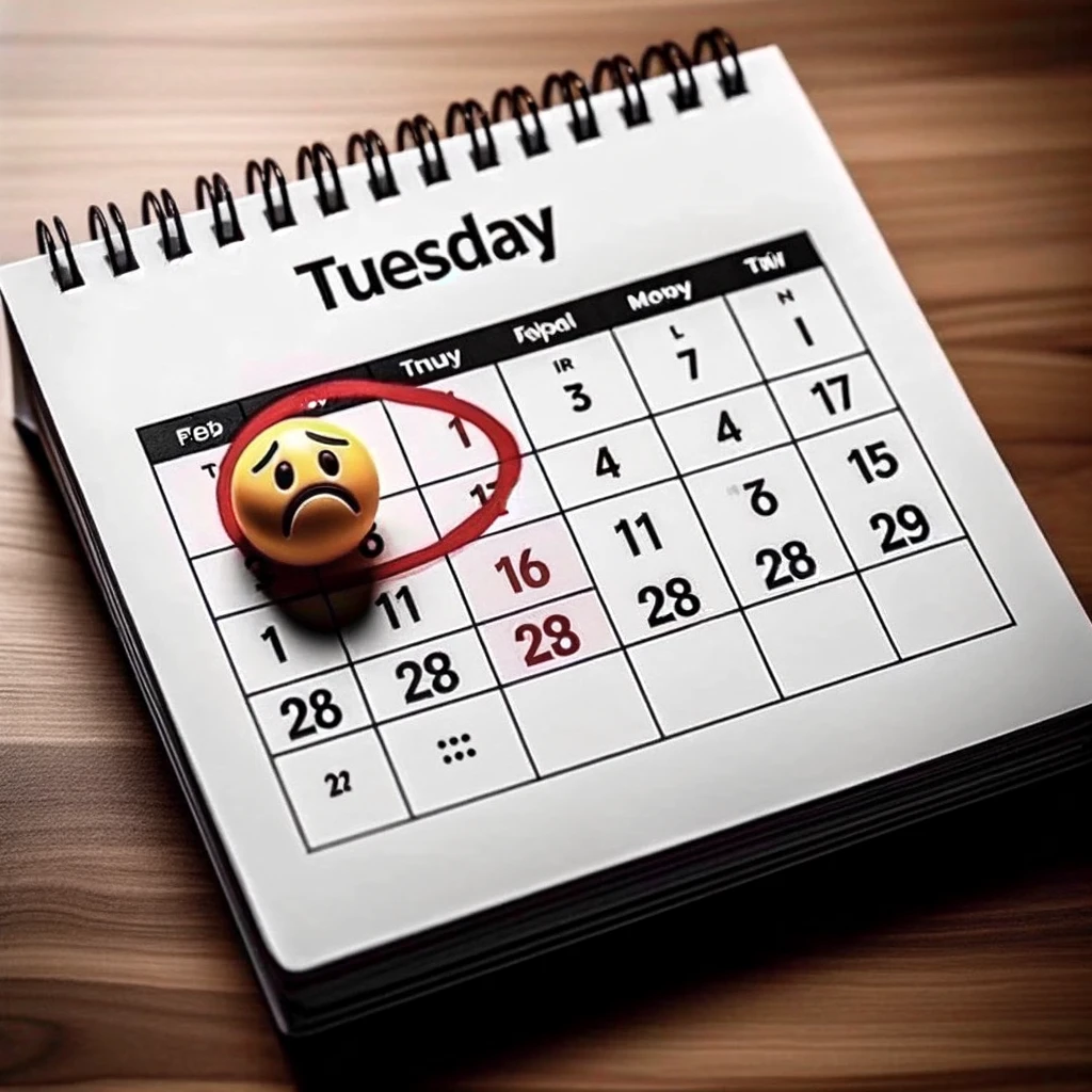 A calendar with Tuesday circled in red, and a sad emoji next to it. The calendar should be the main focus, with the red circle around Tuesday being prominent. The sad emoji should convey disappointment. The caption should say, "When you check the calendar and it's still not Friday." The overall image should convey a humorous sense of disappointment, typical of realizing it's only Tuesday and still far from the weekend.