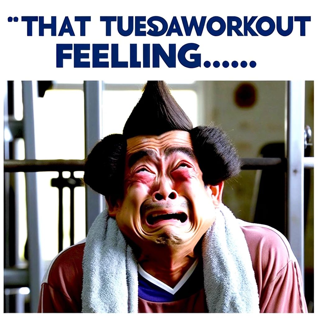 A funny image of someone struggling to exercise, with a look of despair. The person should appear comically overexerted, emphasizing the difficulty of working out. The setting should be a gym or a home workout area. The caption should read: "That Tuesday workout feeling..." The overall image should convey a humorous take on the struggle of maintaining a workout routine, especially on a challenging day like Tuesday.