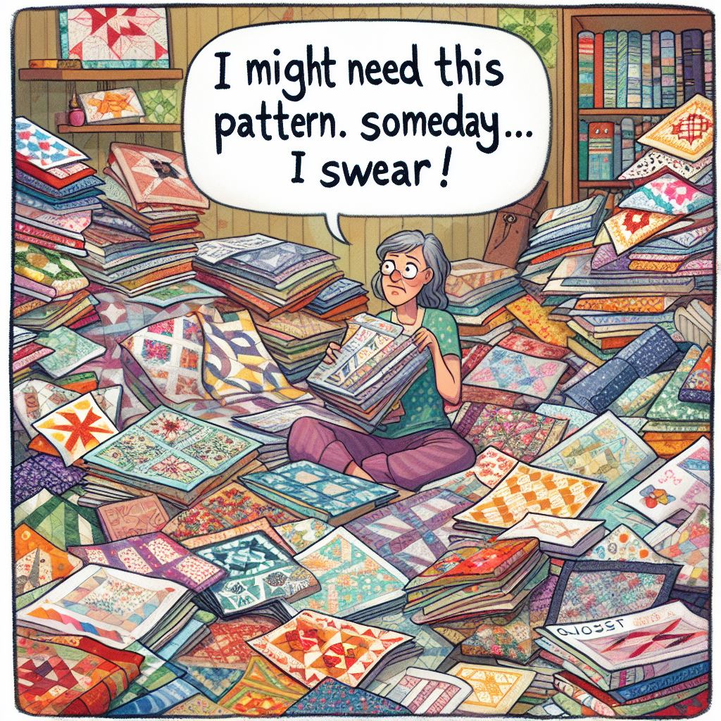 "Quilt Pattern Hoarder": An image of a quilter surrounded by mountains of quilt patterns, captioned, "I might need this pattern someday... I swear!"