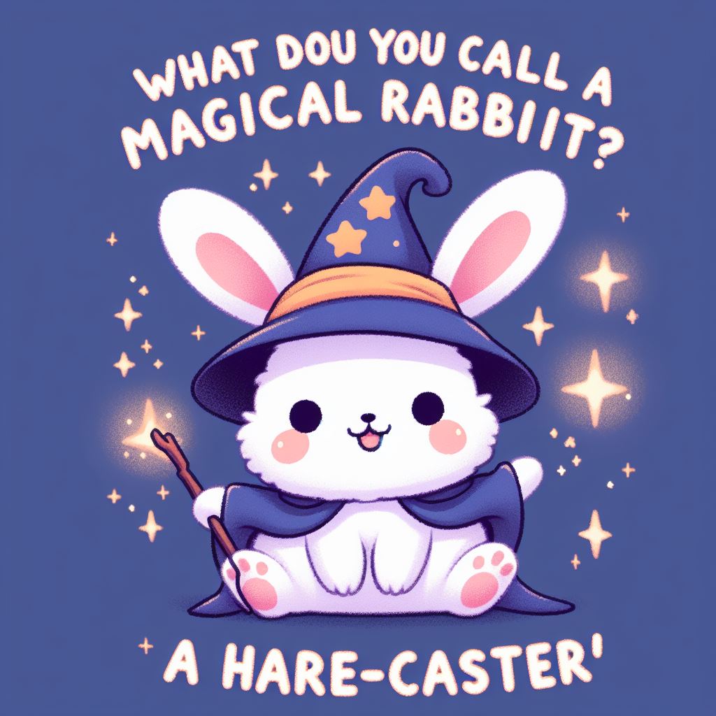 A cute white rabbit wearing a wizard hat and holding a wand, casting a spell with stars and sparkles. The caption reads: 'What do you call a magical rabbit? A hare-caster.'