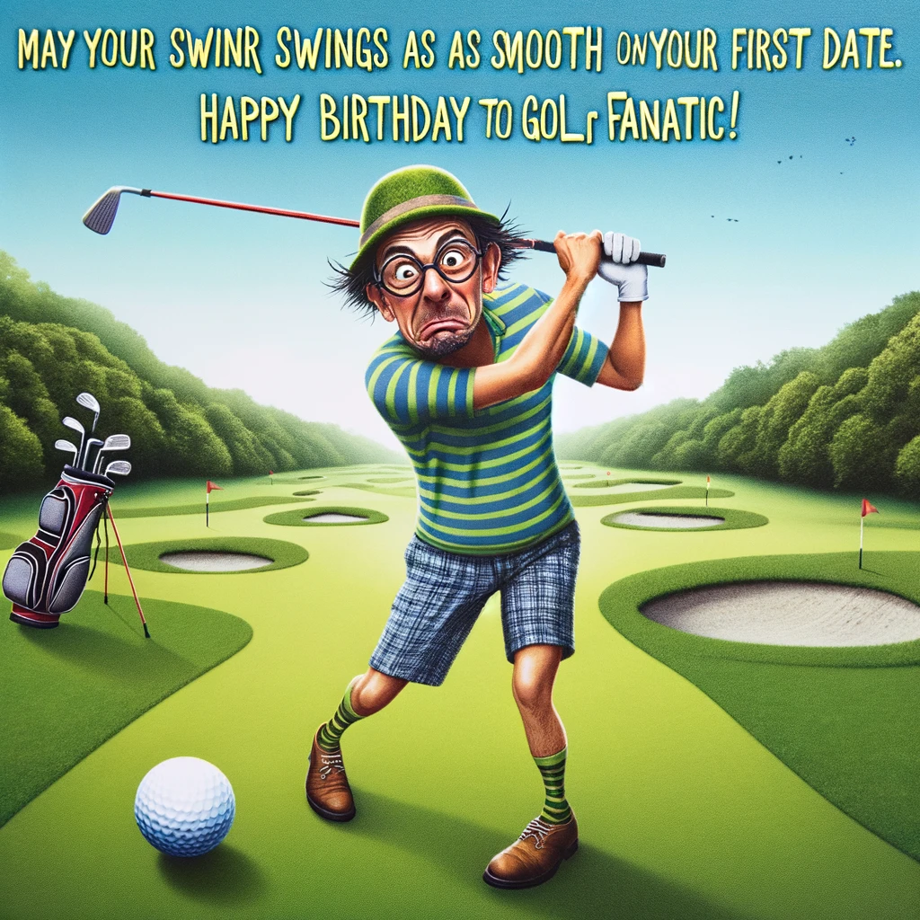 An image of a man dressed in quirky golf attire, possibly missing a swing or chasing after a golf ball. The golf course in the background is lush and green, with a few sand traps and a water hazard. The man has a comical expression of frustration or surprise. A caption at the bottom reads: "May your swings be as smooth as your moves were on our first date. Happy Birthday to my golf fanatic!" The image should be humorous and playful, highlighting the fun and challenges of golf.