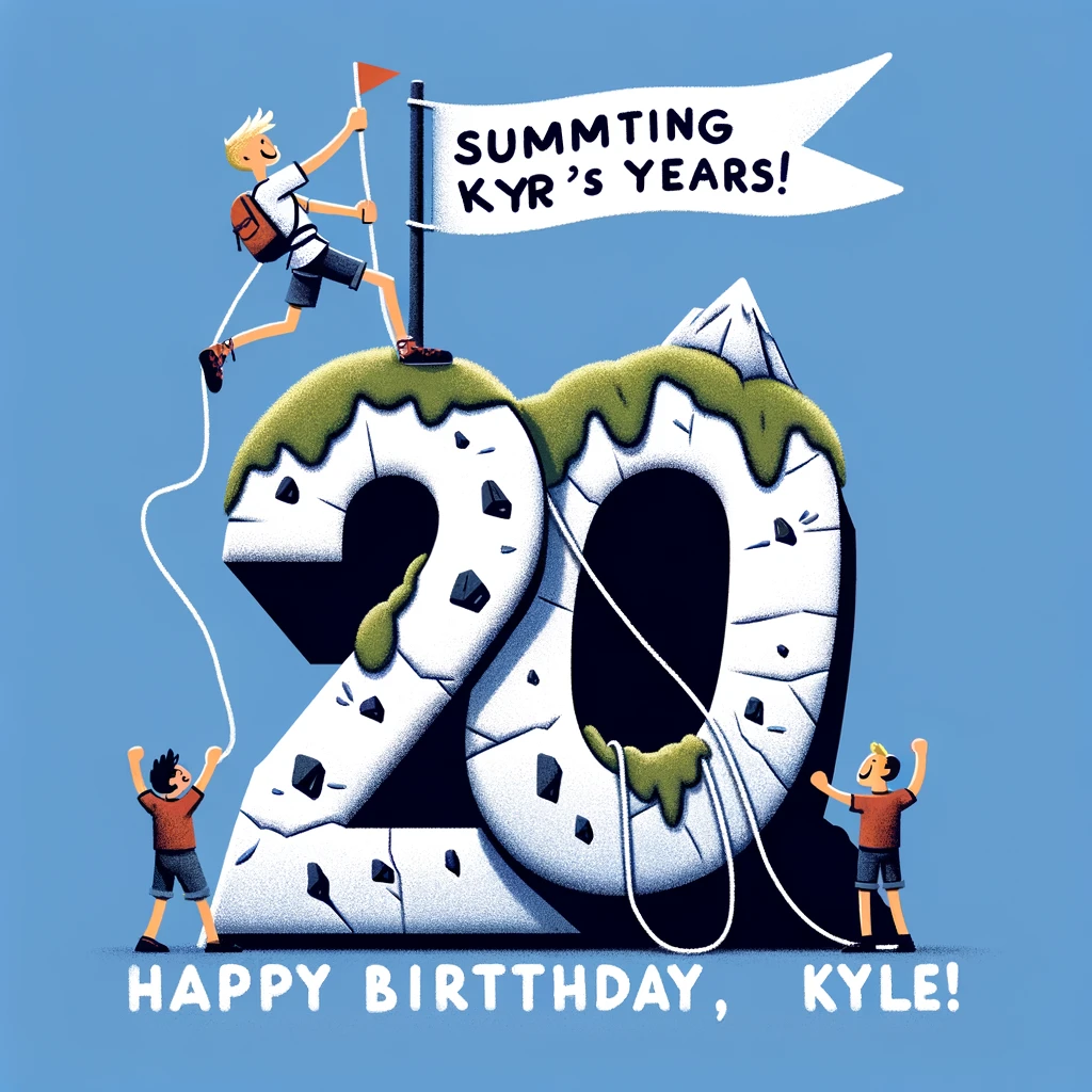An adventurous image of Kyle scaling a cliff that is shaped like his age. At the top, a flag is planted with "Summiting [Kyle's age] years. Happy Birthday, Kyle!" while his friends cheer from the ground. This represents the 'Rock Climber Kyle' theme, highlighting his adventurous spirit and passion for rock climbing. The cliff's unique shape, symbolizing his age, adds a personal and celebratory touch to the scene, making it a perfect depiction of Kyle's love for climbing and the joy of his special day.