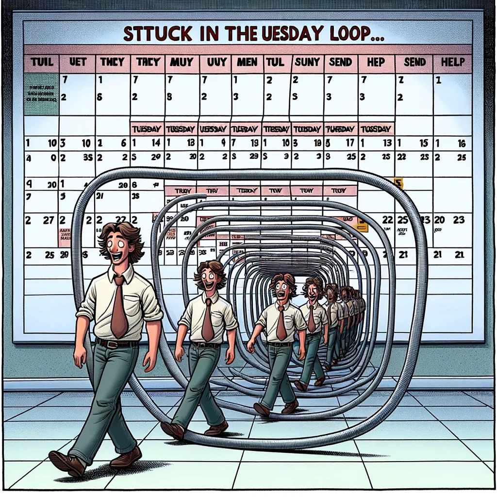 A humorous depiction of someone walking in an endless loop with a background of multiple Tuesdays. The character should appear in a comical, repetitive loop, emphasizing the never-ending cycle. The background should consist of several calendars or representations of Tuesdays, to enhance the feeling of an unending loop. The caption should read: "Stuck in the Tuesday loop... send help." The overall image should convey a light-hearted frustration and humor about feeling stuck in a repetitive, endless Tuesday.