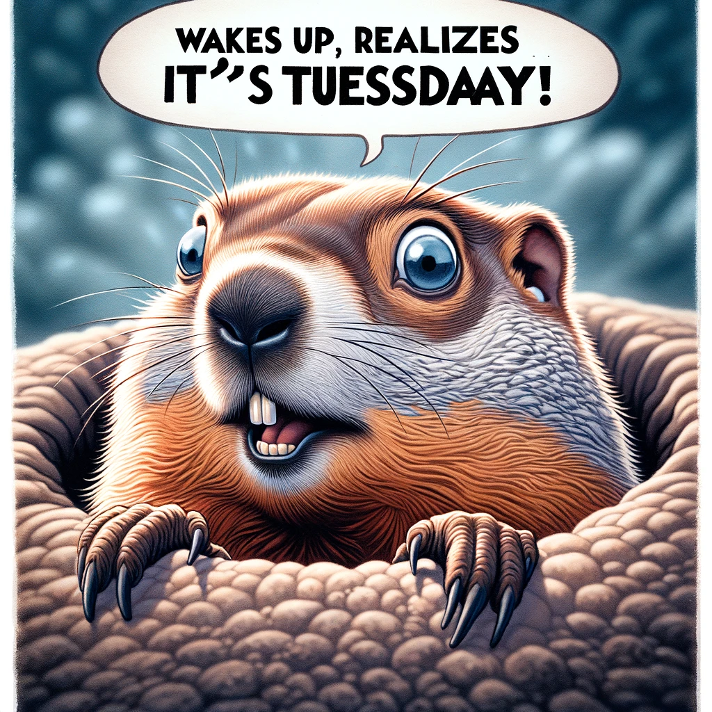 A comical image of a groundhog with a shocked expression. The groundhog is emerging from its burrow, and its eyes are wide open in surprise. The caption at the top of the image reads, "Wakes up, realizes it's Tuesday... again!" The overall tone of the image is humorous and playful, capturing the repetitive and sometimes unexpected nature of weekdays, especially Tuesdays.