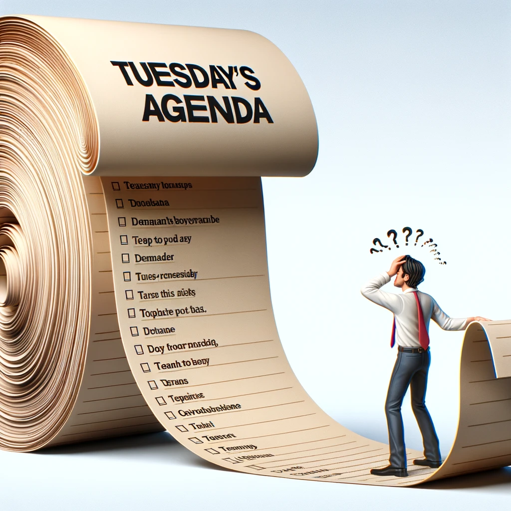 An image showing an exaggeratedly long scroll of paper titled "Tuesday's Agenda" at the top. The scroll is so long that its bottom is not visible. A person, looking overwhelmed, is holding the top of the list with one hand and scratching their head with the other. The scene conveys a sense of humor about the never-ending tasks of a typical Tuesday, emphasizing the exaggerated length of the to-do list.