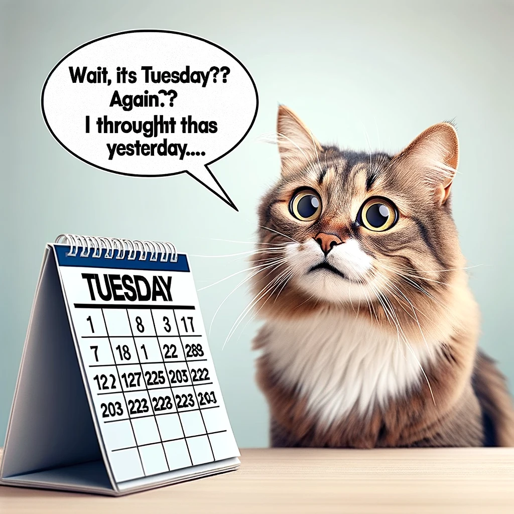 A confused-looking cat staring at a calendar. The cat has wide eyes and a puzzled expression. A speech bubble above the cat says, "Wait, it's Tuesday? Again? I thought that was yesterday..." This image captures the humor in the repetitive nature of weekdays, specifically highlighting the confusion one might feel when days blend together, particularly with Tuesdays.