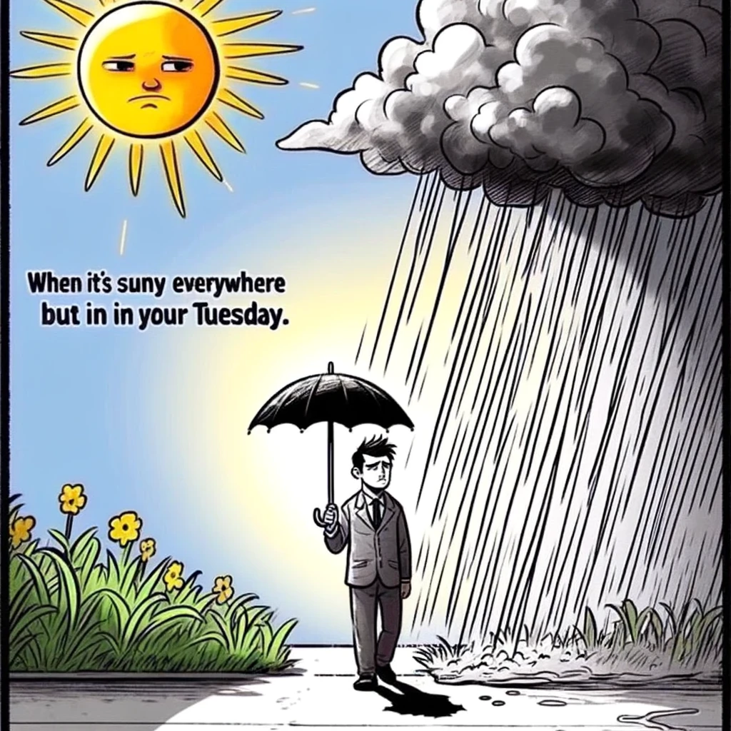 An image of a person walking under a small rain cloud, while the rest of the world is sunny. The person looks resigned and slightly frustrated, carrying an umbrella under the small cloud. The sunny surroundings contrast sharply with the gloomy weather over the person. The caption at the bottom of the image reads, "When it's sunny everywhere but in your Tuesday." This image humorously illustrates the feeling of having a gloomy day amidst a generally bright and cheerful environment, especially on a Tuesday.