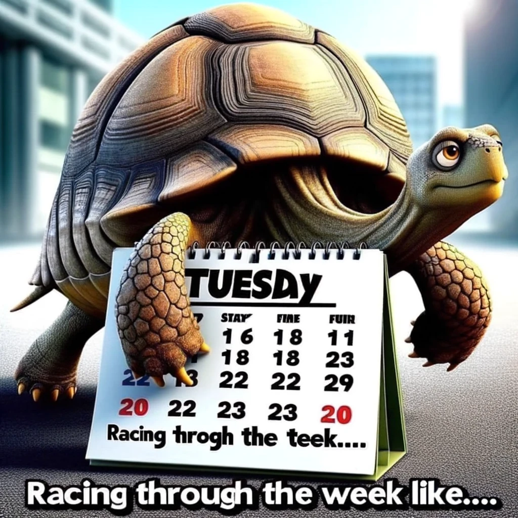 A turtle moving slowly with a calendar showing Tuesday on its shell. The turtle has a determined yet sluggish expression, emphasizing the slow pace. The background is a typical weekday setting, like an office or a street, highlighting the contrast between the turtle's slow movement and the busy environment. The caption at the bottom of the image reads, "Racing through the week like..." This image humorously represents the slow progression of time, especially on Tuesdays, and the feeling of being sluggish in a fast-paced world.