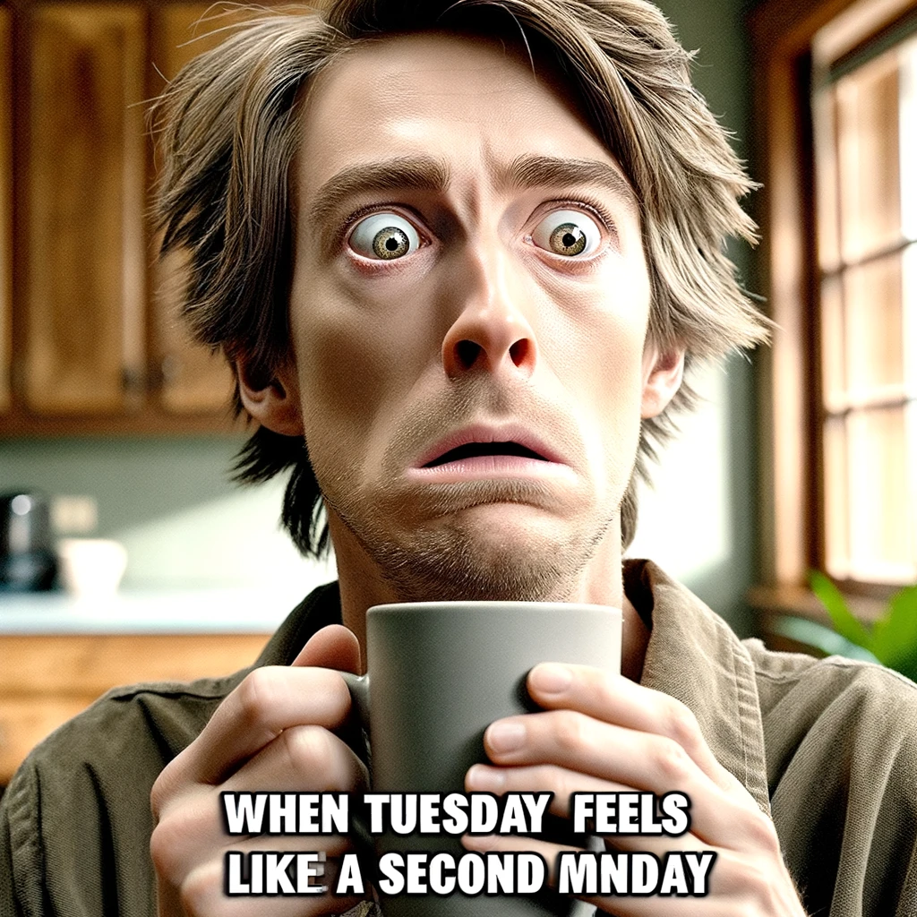 An image of someone with a shocked expression. The person is holding a cup of coffee, their eyes wide open and mouth slightly agape, as if they've just realized something surprising. The background is a typical office or home setting, suggestive of a morning routine. The caption at the top of the image reads, "When Tuesday feels like a second Monday." This image captures the humor in the feeling of dismay and surprise when a Tuesday feels just as challenging and daunting as a Monday, often humorously referred to as 'Second Monday' Syndrome.