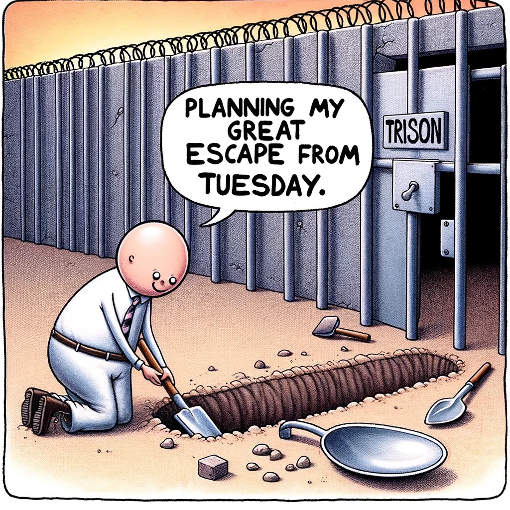 A cartoon character digging a tunnel out of a prison, with the prison labeled 'Tuesday'. The character has a determined look and is using classic prison escape tools like a spoon or a small shovel. The scene is whimsical and humorous, suggesting a light-hearted take on the idea of escaping the mundane routine of a typical Tuesday. The caption at the bottom of the image says, "Planning my great escape from Tuesday." This image playfully represents the desire to break free from the repetitive nature of weekdays, especially the often challenging Tuesday.