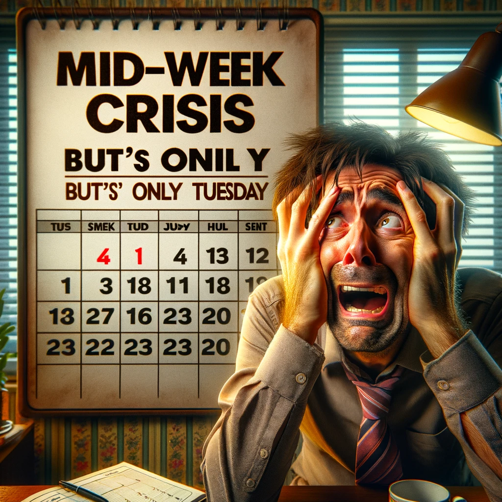 An image of a person looking dramatically distressed, with a calendar in the background stuck on Tuesday. The person is holding their head in their hands, with an expression of exaggerated despair. The setting suggests a typical workplace or home environment. The caption at the bottom of the image reads, "Mid-week crisis but it's only Tuesday." This image humorously exaggerates the feeling of being overwhelmed or in crisis, especially when the week seems to be moving slowly and it's only Tuesday.