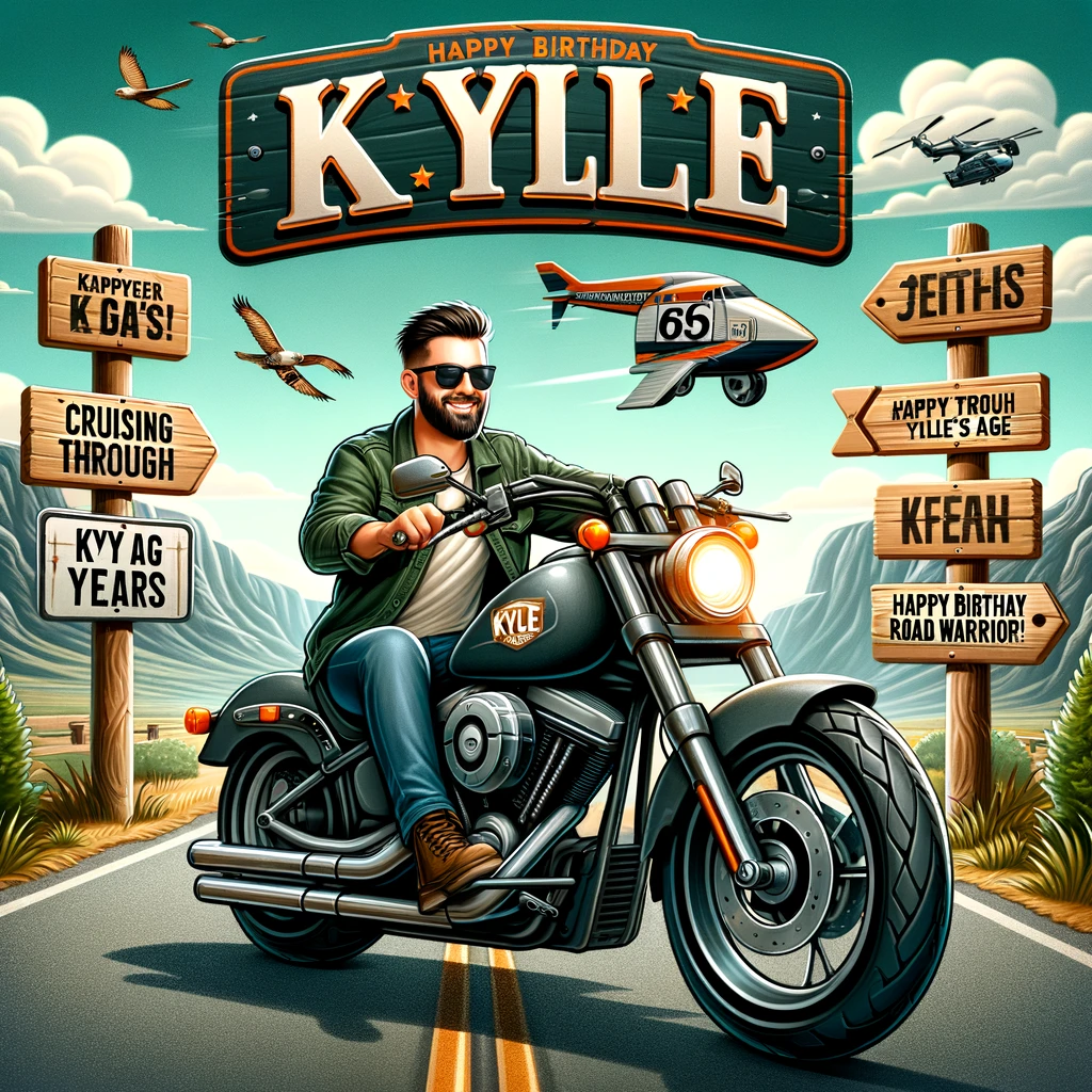 Kyle is shown riding a stylish motorcycle with a license plate that says "KYLE [Age]". The background is a scenic road with signs like "Cruising through [Kyle's age] years" and "Happy Birthday, Road Warrior!" This image embraces the 'Motorcycle Enthusiast Kyle' theme, featuring Kyle enjoying a ride on his motorcycle. The scene is set on a picturesque road, symbolizing freedom and adventure, and the signs along the road creatively incorporate birthday wishes and a nod to Kyle's age.