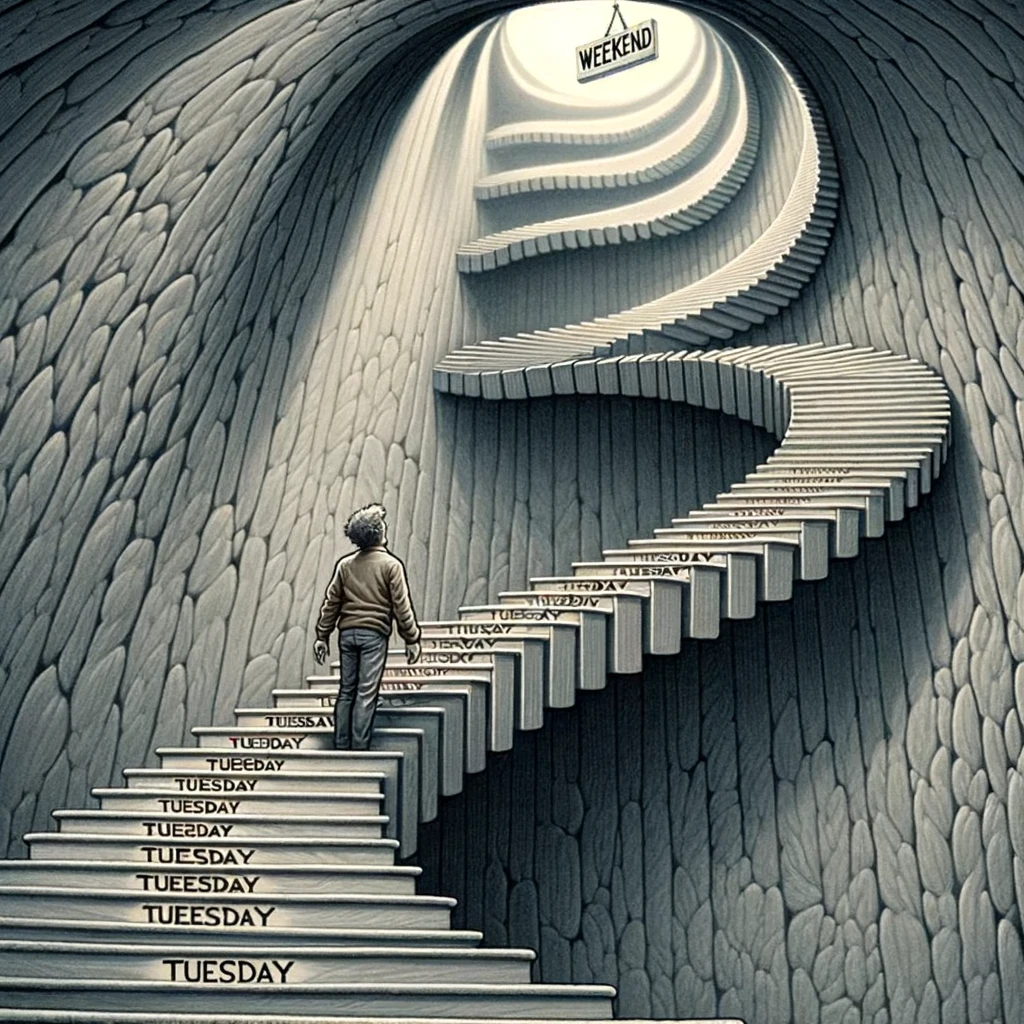 An image of a person climbing a long, spiraling staircase that seems to stretch infinitely upwards. The stairs are labeled with the word "Tuesday" on each step. The person looks up towards a small, distant sign hanging high above that reads "Weekend." The scene is both humorous and a little surreal, emphasizing the endless nature of the staircase. At the bottom, a caption reads, "Climbing the endless Tuesday staircase to the weekend."
