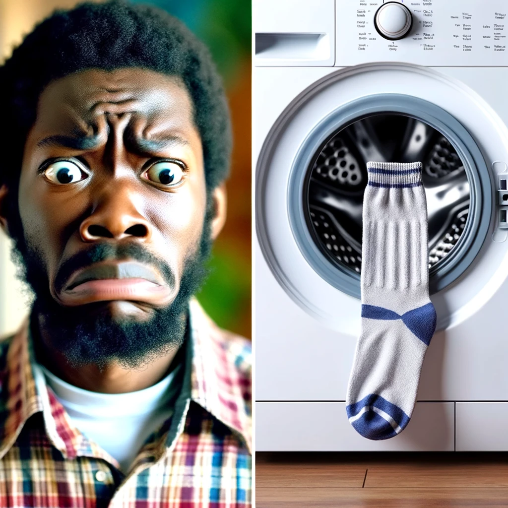 A humorous picture of a person looking bewildered in front of a washing machine, holding only one sock in their hand. The washing machine is open, showing no other socks inside. The person's expression is one of confusion and slight frustration, capturing the common experience of losing socks during laundry. The scene is relatable and light-hearted. Below the image, a caption reads, "When it's Tuesday and even your socks are trying to escape the week."