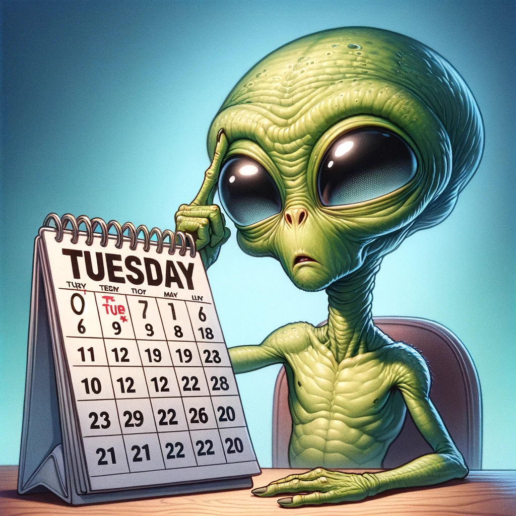 An alien looking puzzled and confused while examining a calendar marked with the word 'Tuesday'. The alien has a classic extraterrestrial appearance: large eyes, green skin, and a slightly oversized head. The alien is scratching its head, a universal gesture of confusion, emphasizing the humor in the situation. The scene is light-hearted and playful. The caption at the bottom of the image reads, "Even aliens are baffled by how long Tuesdays feel."