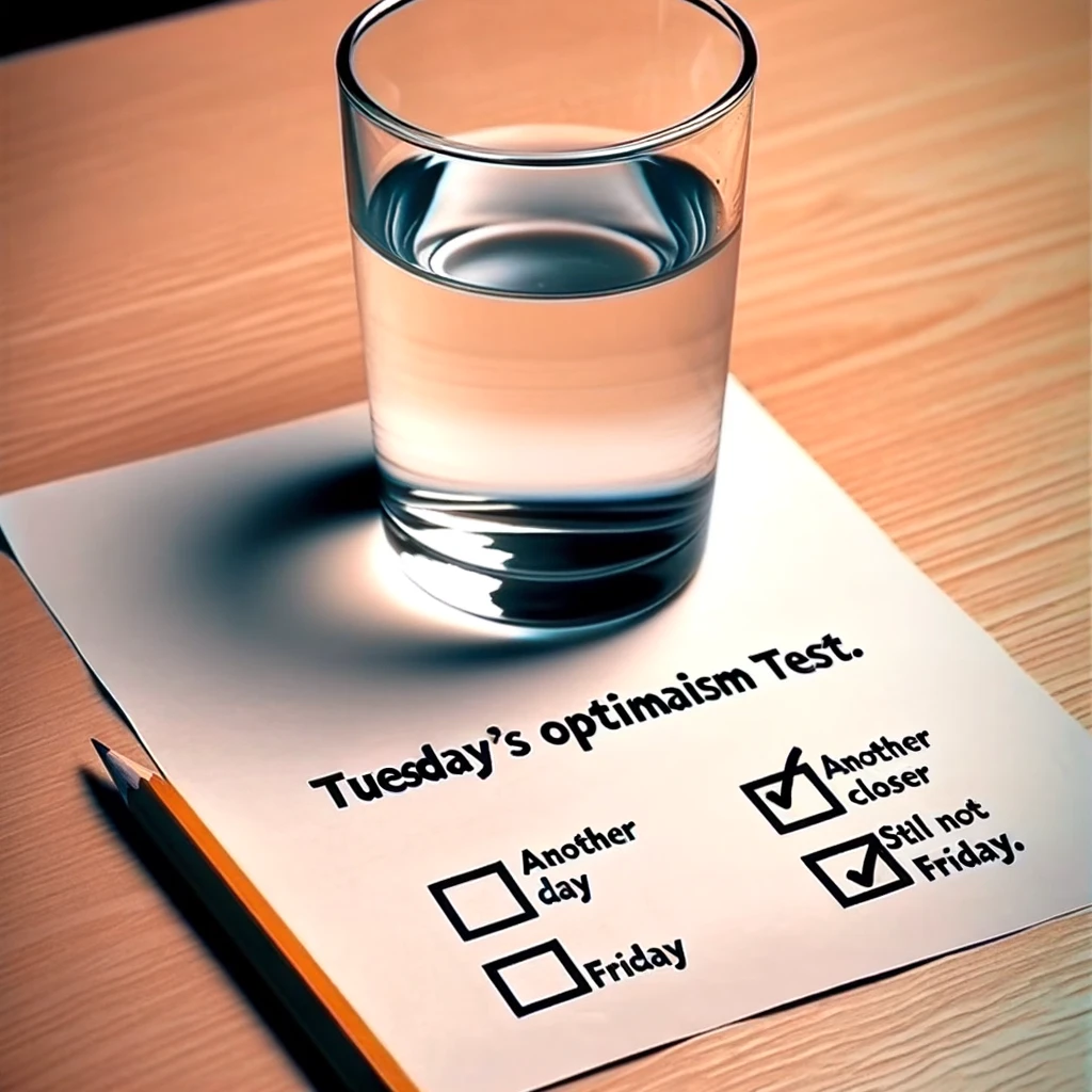 An image of a glass half-filled with water, placed on a table. Next to the glass are two checkboxes on a piece of paper. The first checkbox is checked and labeled 'Another day closer to Friday,' and the second checkbox is unchecked with the label 'Still not Friday.' The scene is simple yet humorous, capturing the mixed feelings of optimism and impatience typical of a Tuesday. Below the image, the caption reads, "Tuesday's optimism test."