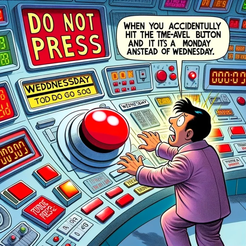 A humorous depiction of a person about to press a large red button labeled 'Do Not Press.' The person has a look of horror and realization on their face, as if they've just made a big mistake. The setting is a whimsical, science-fiction-like control room with various futuristic gadgets and screens showing a calendar flipping back from Wednesday to Monday. The caption below the image reads, "When you accidentally hit the time-travel button and it's Monday again instead of Wednesday."