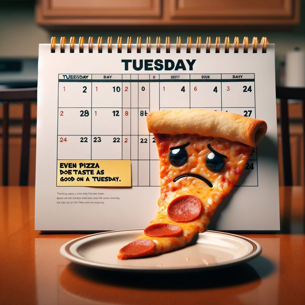 A slice of pizza looking sad and droopy on a calendar page marked with 'Tuesday'. The pizza slice appears animated with a face, conveying a sense of disappointment and lack of enthusiasm. The setting is a kitchen table with the calendar and the pizza slice as the main focus. The scene is playful and humorous, emphasizing the idea that even delicious food feels less exciting on a Tuesday. Below the image, the caption reads, "Even pizza doesn't taste as good on a Tuesday."