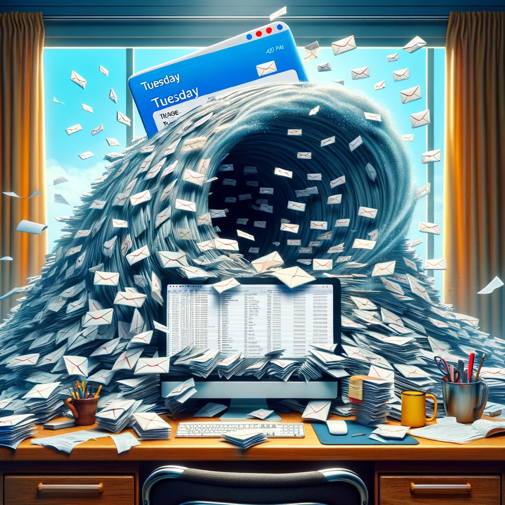 An image depicting an overflowing email inbox with a screen full of emails all dated 'Tuesday.' The emails pile up in a comical, exaggerated manner, spilling out of the computer screen and onto the desk, symbolizing an endless stream of work. The scene captures the overwhelming feeling of a busy workday. The setting is an office desk with a computer, coffee mug, and scattered papers, adding to the chaotic atmosphere. Below the image, the caption reads, "Caught in the infinite Tuesday email vortex."
