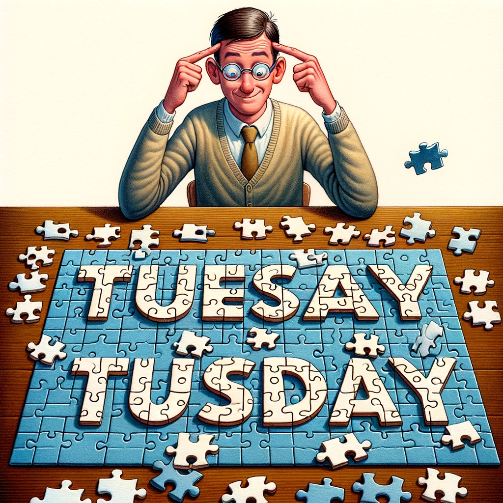 An image of a jigsaw puzzle with all the pieces shaped like the word 'Tuesday.' A puzzled person is sitting at a table, scratching their head in confusion as they try to assemble the puzzle. The pieces are scattered across the table, emphasizing the difficulty of the task. The person's expression is one of bewilderment, humorously portraying the challenge of making a mundane Tuesday interesting. The scene is light-hearted and playful. Below the image, the caption reads, "Trying to figure out how to make Tuesday interesting."