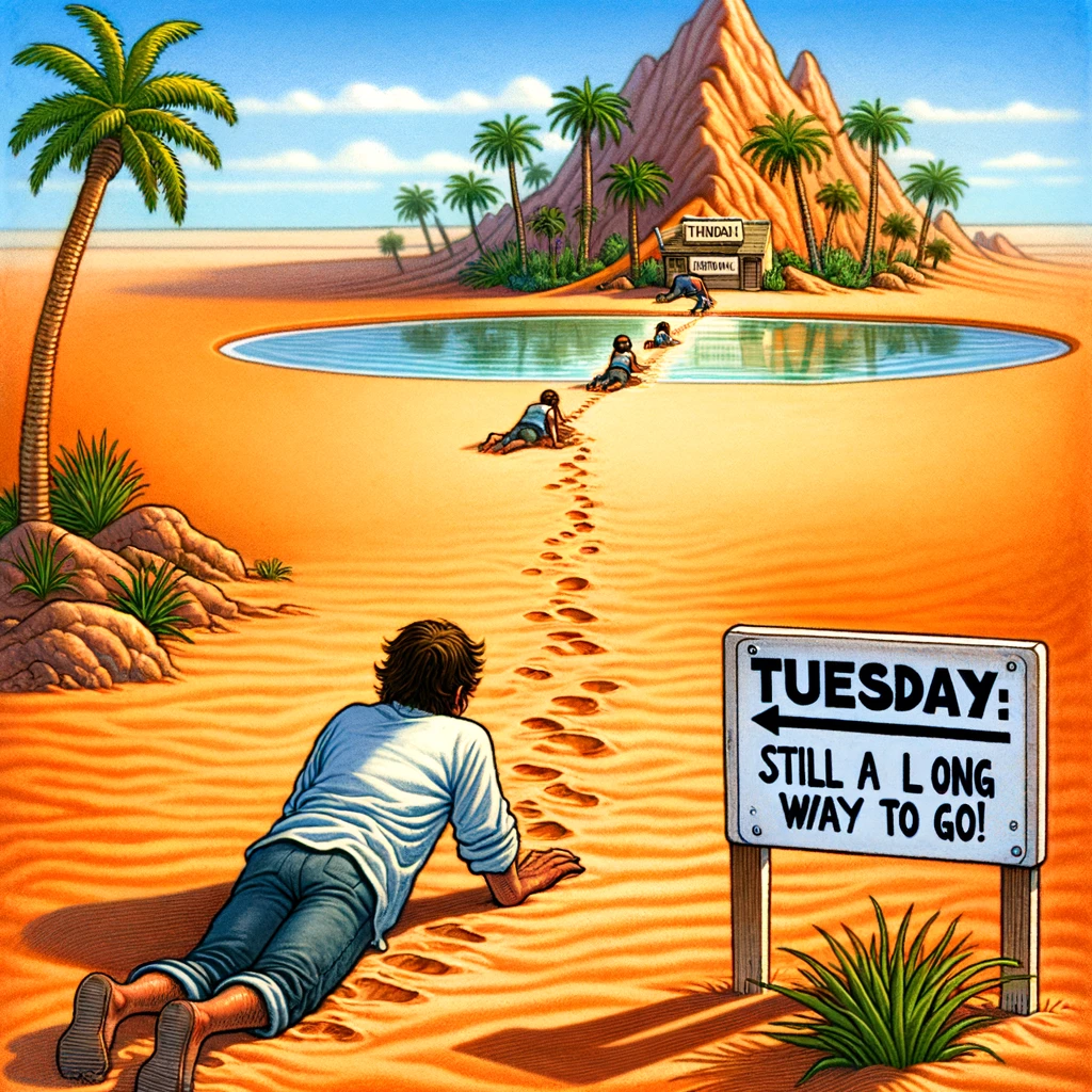 A desert scene with a person crawling towards a mirage of a weekend oasis. The oasis is lush and inviting, but just out of reach. In the foreground, a sign reads 'Tuesday: Still a long way to go!' emphasizing the distance to the weekend. The person crawling is exhausted and hopeful, looking longingly towards the oasis. The scene captures the feeling of a long workweek where the weekend seems like a distant dream. The environment is arid and vast, highlighting the person's struggle. Below the image, the caption reads, "Tuesday's Mirage: Still a long way to go!"