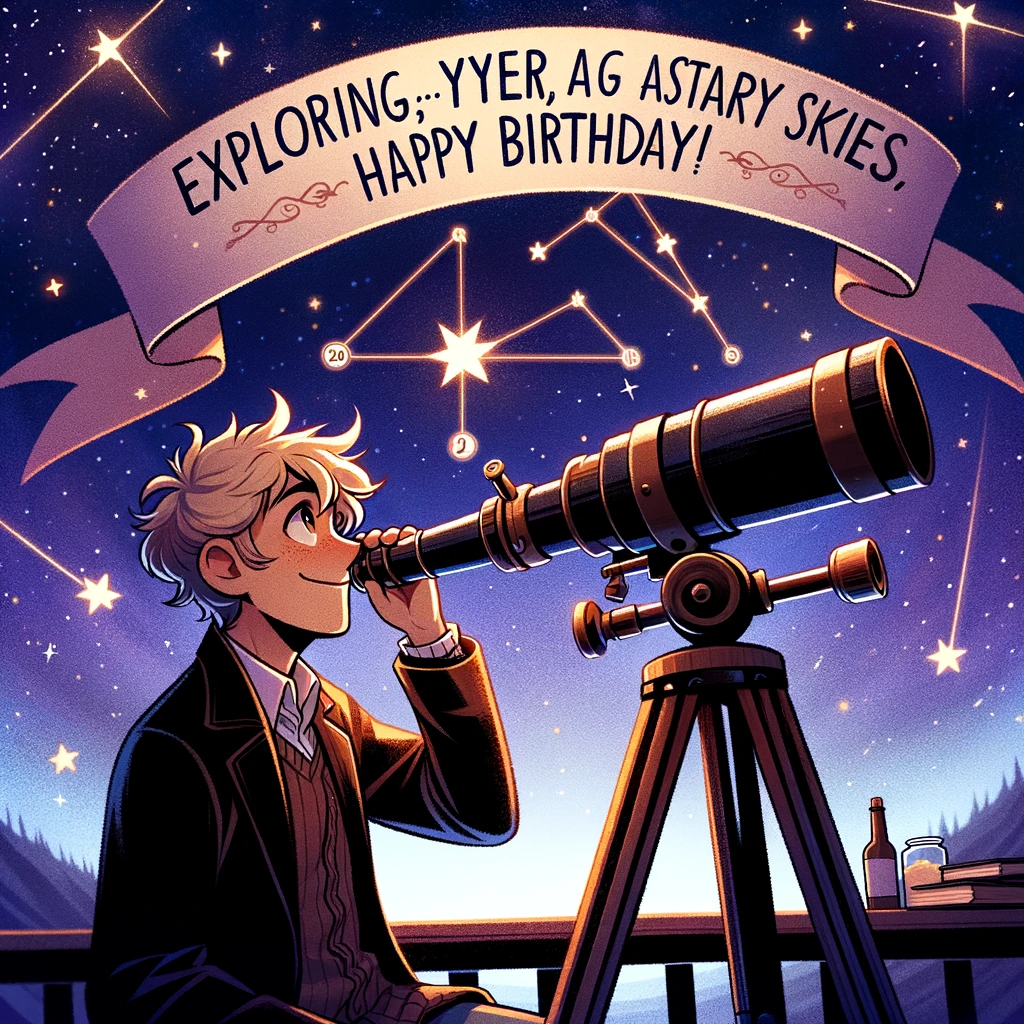 Astronomy Aficionado Kyle theme for a happy birthday meme. The image depicts Kyle with a telescope, gazing at stars that form the constellation of his age. In the night sky, there's a banner that reads, "Exploring [Kyle's age] years of starry skies. Happy Birthday, Stargazer!" The scene should be set against a picturesque, star-filled night sky, with Kyle shown as an enthusiastic astronomer.
