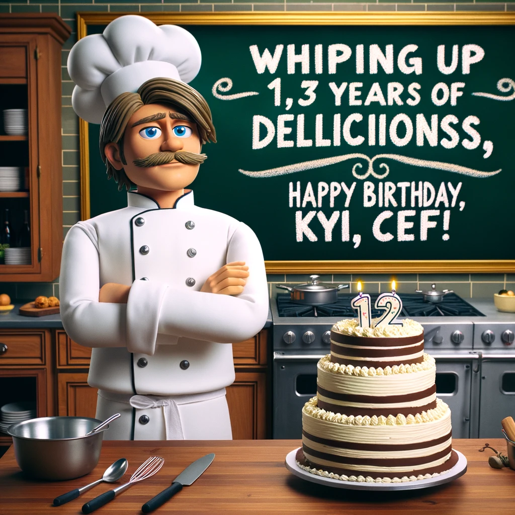Master Chef Kyle theme for a happy birthday meme. The image portrays Kyle as an animated master chef, standing proudly in a kitchen in front of a grand, gourmet birthday cake he's just finished decorating. The kitchen features a chalkboard in the background with the message, "Whipping up [Kyle's age] years of deliciousness. Happy Birthday, Chef!" The scene should capture the essence of a professional kitchen and showcase Kyle's culinary expertise.